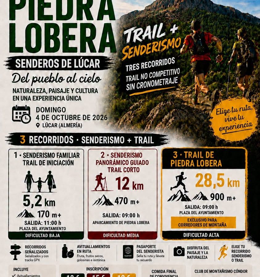 Cartel de la jornada Camino a Piedra Lobera, en Lúcar, con sus tres recorridos