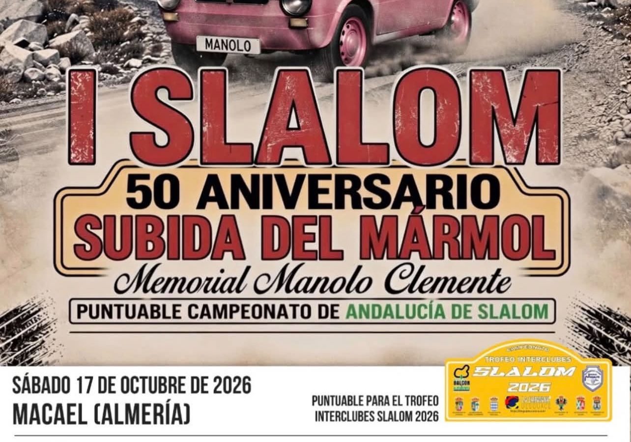 Cartel del I Slalom de la Subida del Mármol con un coche clásico rosa derrapando