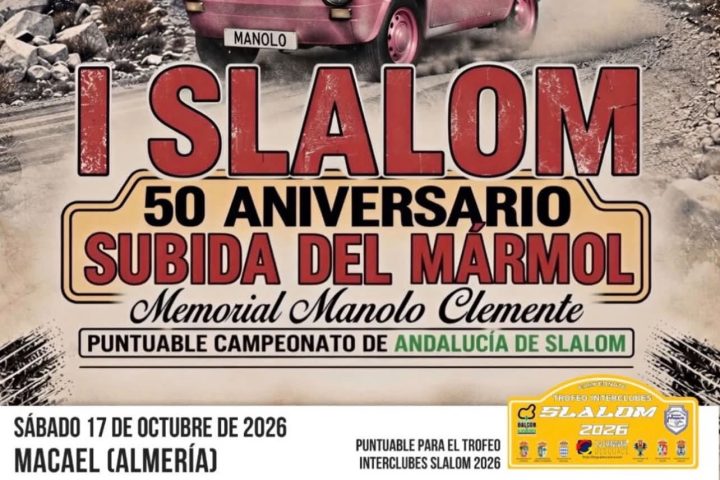 Cartel del I Slalom de la Subida del Mármol con un coche clásico rosa derrapando