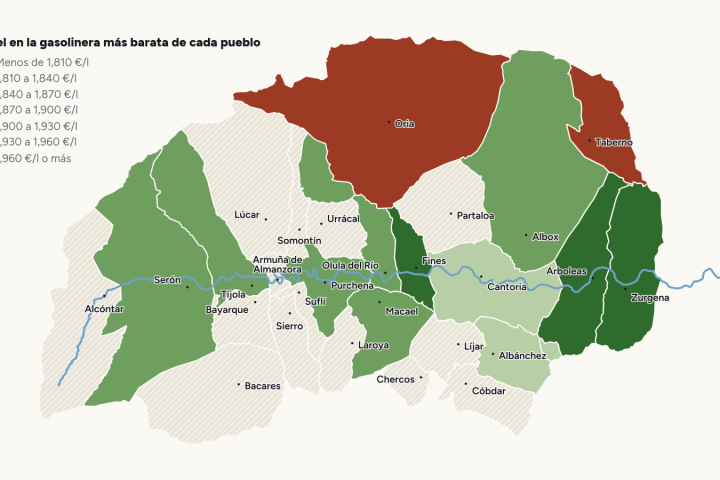Mapa de los 27 municipios del Valle del Almanzora coloreados según el precio del diésel en su gasolinera más barata