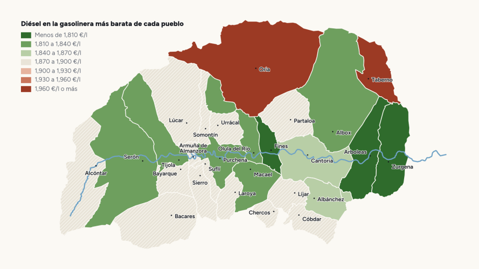Mapa de los 27 municipios del Valle del Almanzora coloreados según el precio del diésel en su gasolinera más barata
