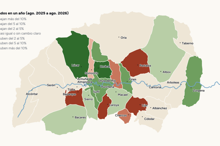 Mapa de los 27 municipios del Valle del Almanzora coloreados según cuánto ha cambiado el número de afiliados a la Seguridad Social entre agosto de 2025 y agosto de 2026