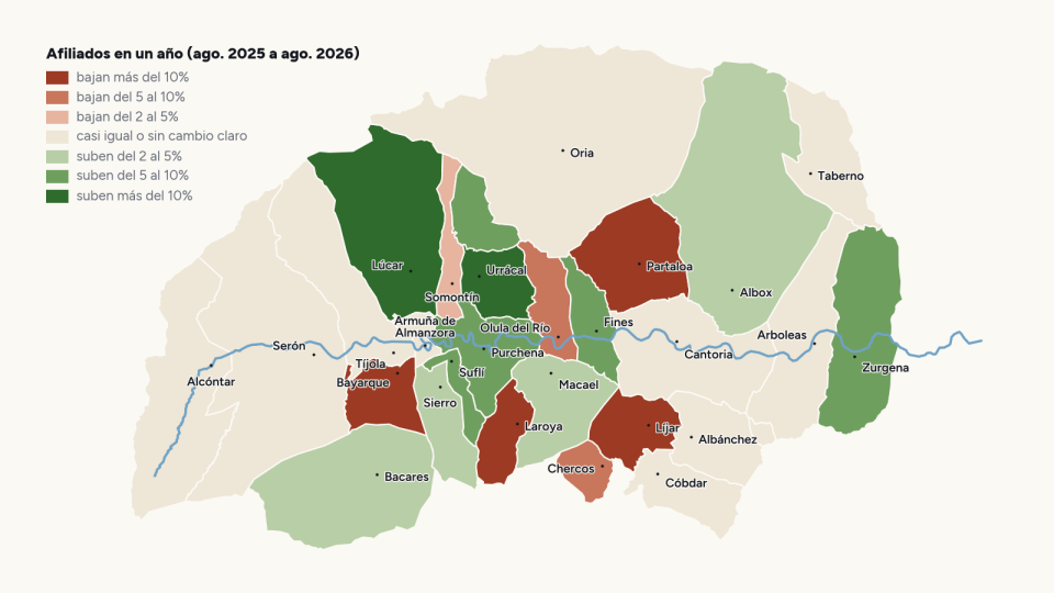 Mapa de los 27 municipios del Valle del Almanzora coloreados según cuánto ha cambiado el número de afiliados a la Seguridad Social entre agosto de 2025 y agosto de 2026