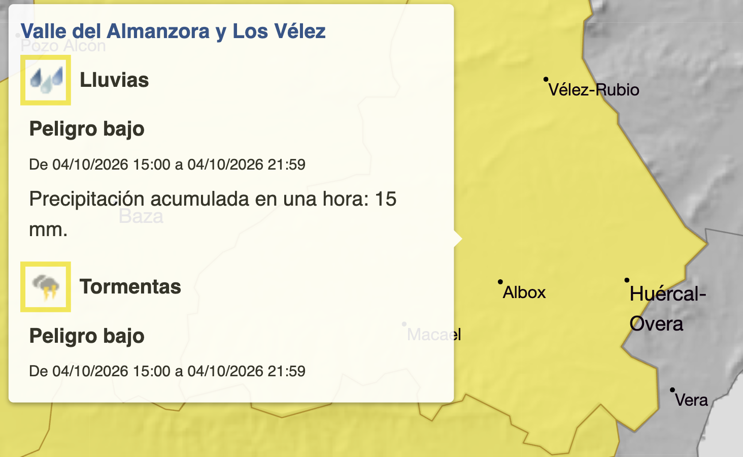 Aviso amarillo de la AEMET por lluvias y tormentas en el Valle del Almanzora