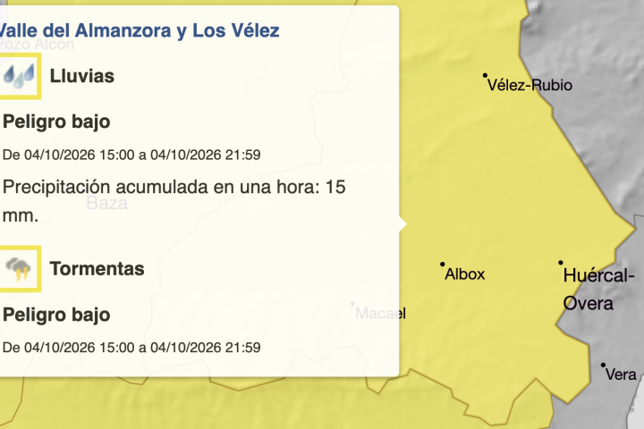 Aviso amarillo de la AEMET por lluvias y tormentas en el Valle del Almanzora