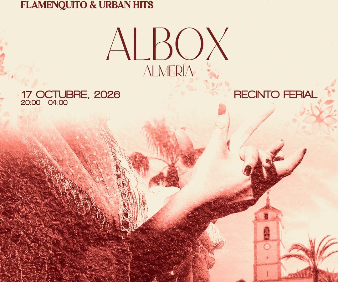 Cartel de La Flamenca en Albox, con la torre de la iglesia al fondo
