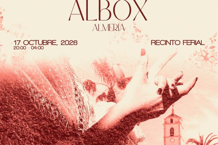Cartel de La Flamenca en Albox, con la torre de la iglesia al fondo