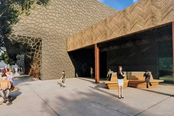 Recreación del futuro auditorio de Albox, con fachada en relieve y porche de madera
