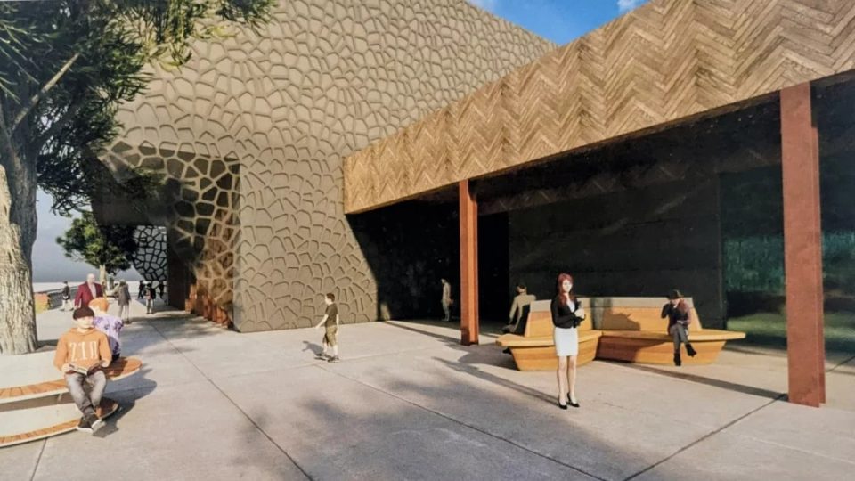 Recreación del futuro auditorio de Albox, con fachada en relieve y porche de madera