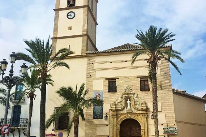 Fachada y torre de la iglesia de Santa María de Albox, entre palmeras