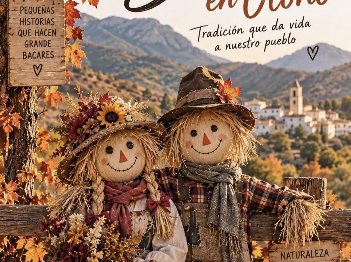 Cartel de ‘Bacares en Otoño’ con dos espantapájaros y el pueblo al fondo