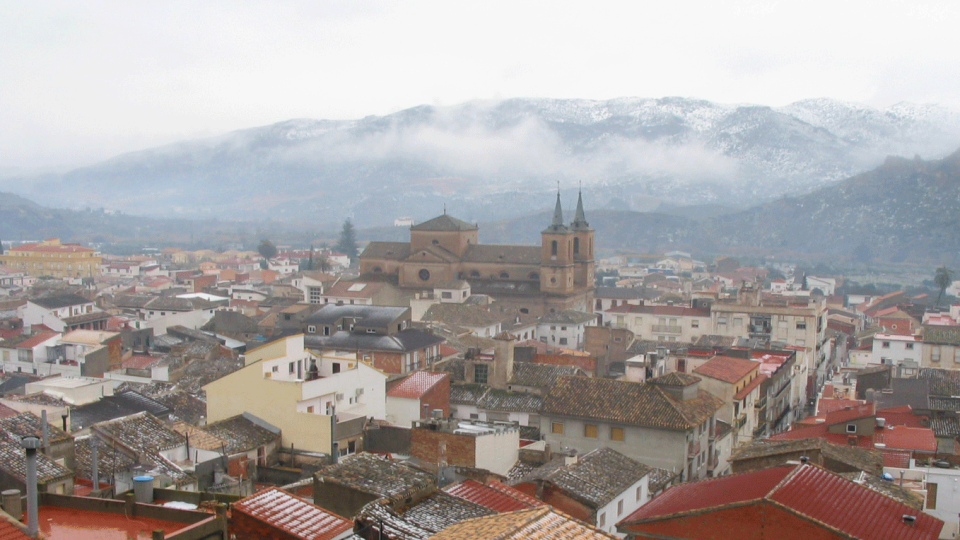 Tejados de Cantoria con su iglesia de dos torres y la sierra al fondo