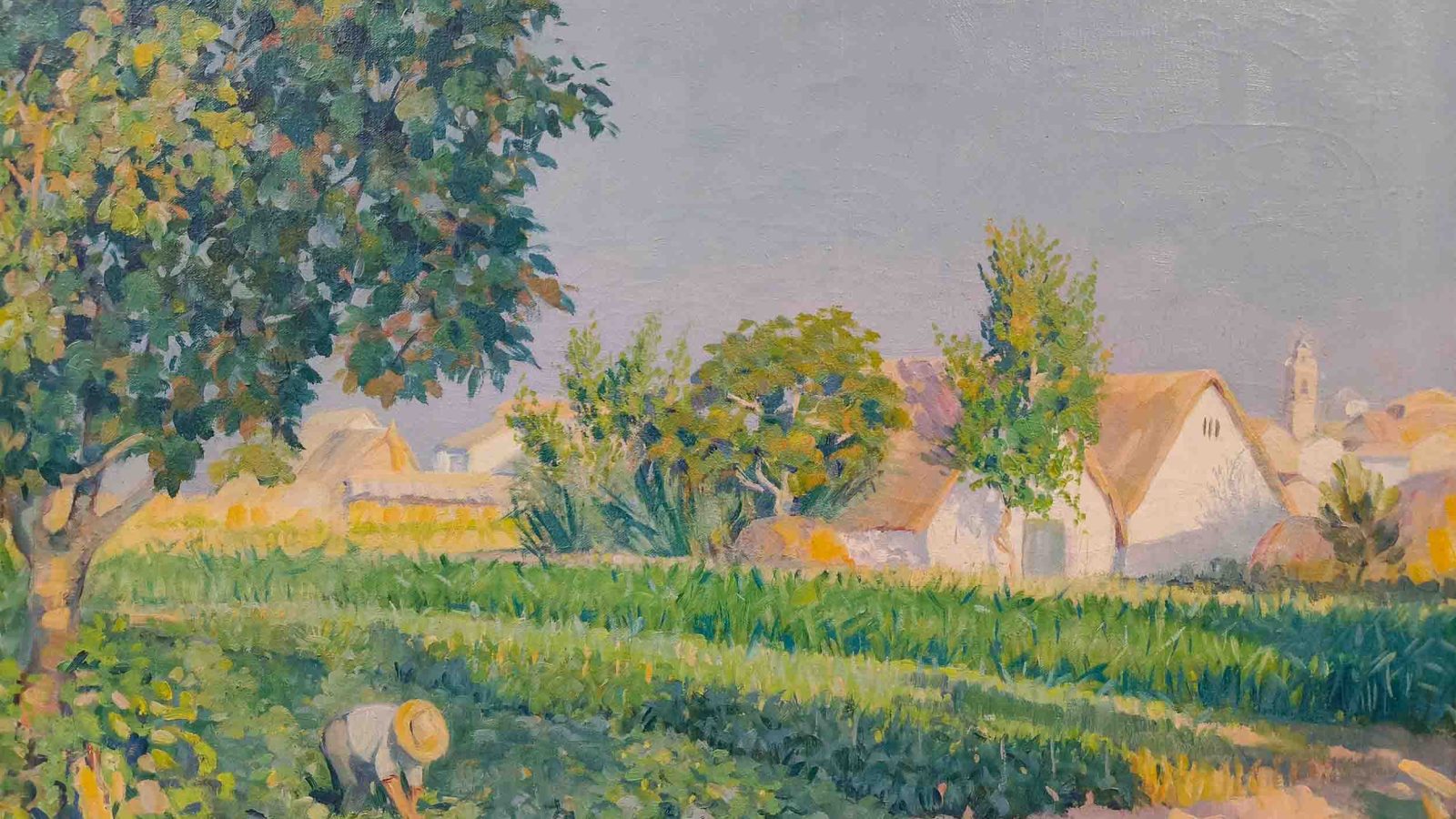 Paisaje de huerta valenciana con barracas pintado por José Manaut, obra de la exposición