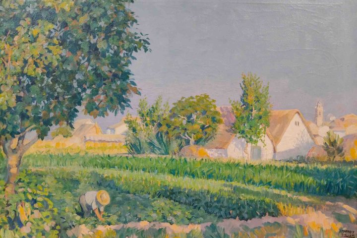 Paisaje de huerta valenciana con barracas pintado por José Manaut, obra de la exposición