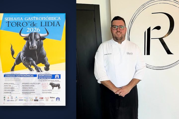 Juan Miguel Molina, chef de Rustir, y el cartel de la Semana del Toro de Lidia