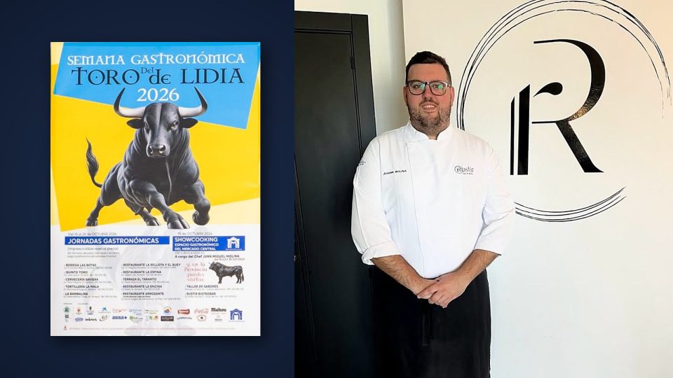 Juan Miguel Molina, chef de Rustir, y el cartel de la Semana del Toro de Lidia