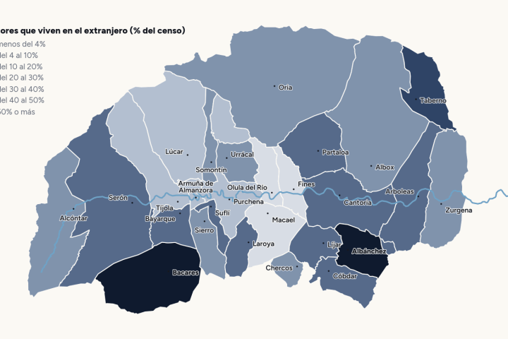 Mapa del Valle del Almanzora con el porcentaje de electores que viven en el extranjero