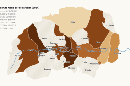 Mapa de los 27 municipios del Valle del Almanzora coloreados según la renta bruta media por declaración del IRPF en 2024