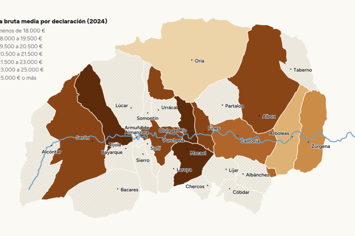 Mapa de los 27 municipios del Valle del Almanzora coloreados según la renta bruta media por declaración del IRPF en 2024