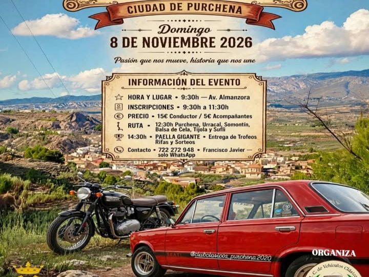 Cartel de la concentración de clásicos de Purchena, con un coche rojo y una moto