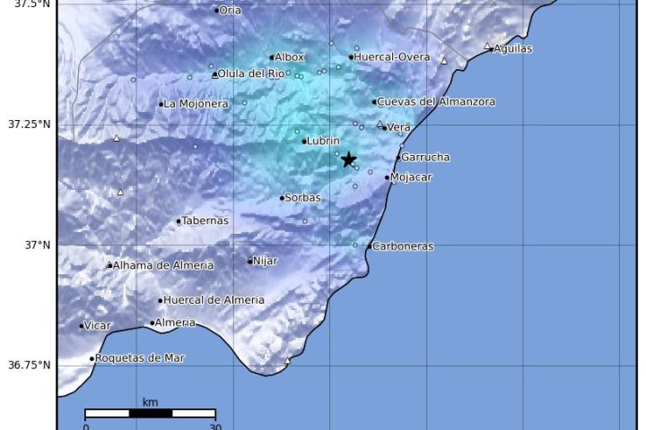 Mapa del IGN con la intensidad del terremoto de Los Gallardos en el Almanzora