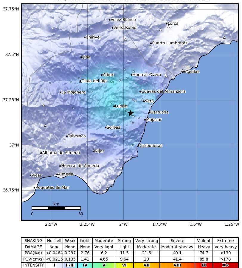 Mapa del IGN con la intensidad del terremoto de Los Gallardos en el Almanzora